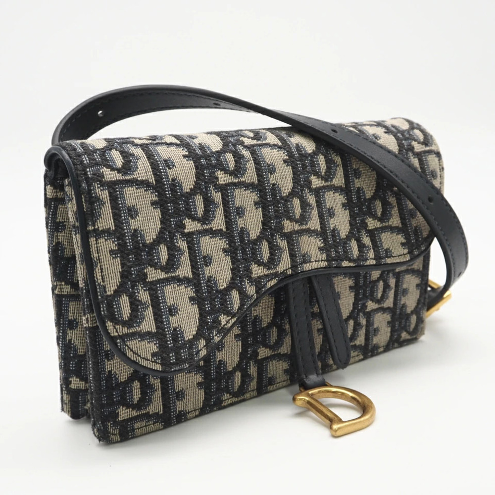 Christian Dior Oblique Jacquard Saddle Pouch Bag Canvas Leather Blue Beige Tan
